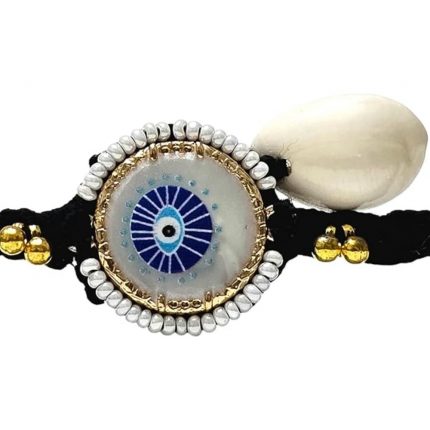 Panchmasi Rakhi for Pregnant Women (Mom to be), Evil Eye [Najariyu] with Golden Coloured Beads, Black Cord, Adjustable Size | Panchmasiyu | Panchmasi | Rakhdi | Bandhan | Raxa Sutra |