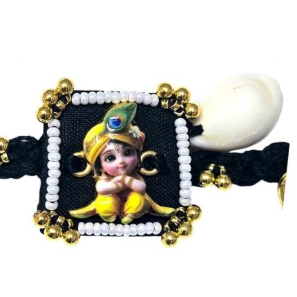Panchmasi Rakhi for Pregnant Women (Mom to be), with special Baby Krishna Patch and Golden Coloured Beads and charms, Black Colour Cord, Adjustable Size | Panchmasiyu