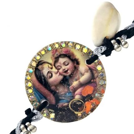 Panchmasi Rakhi for Pregnant Women, Yashoda and Bal krishna with Silver Coloured Beads, Black Cord, Adjustable Size | Panchmasiyu | Panchmasi