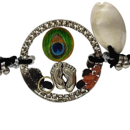 Panchmasi Rakhi for Pregnant Women, Baby feet Charms with Silver Coloured Beads, Black Cord, Adjustable Size | Panchmasiyu | Panchmasi