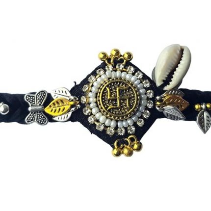 Panchmasi Rakhi for Pregnant Women, Swastik Charms with Silver and Golden Coloured Beads, Black Cord, Adjustable Size | Panchmasiyu | Panchmasi