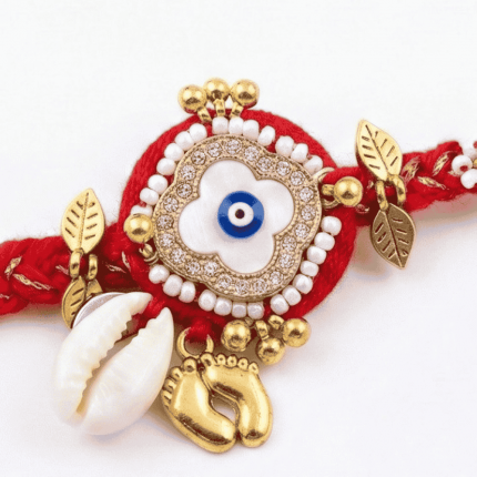 Panchmasi Rakhi for Pregnant Women, With Evil Eye Golden Coloured Beads, Small Size, Red Cord, Adjustable Size | Panchmasiyu | Panchmasi